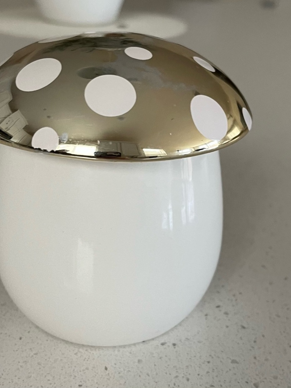 White Ceramic Mushroom Jar with Gold Polka Dot Lid